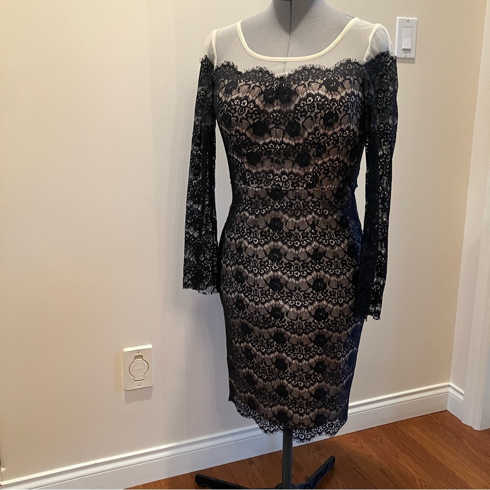 Cocktail or evening dress, stretch lace, sheer mesh neckline, knee length, black